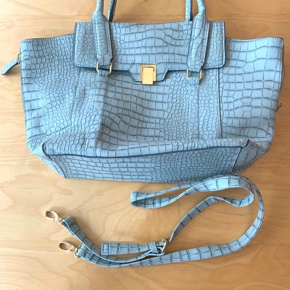 Large Baby Blue Faux Snakeskin Shoulder Tote Bag - Picture 9 of 12